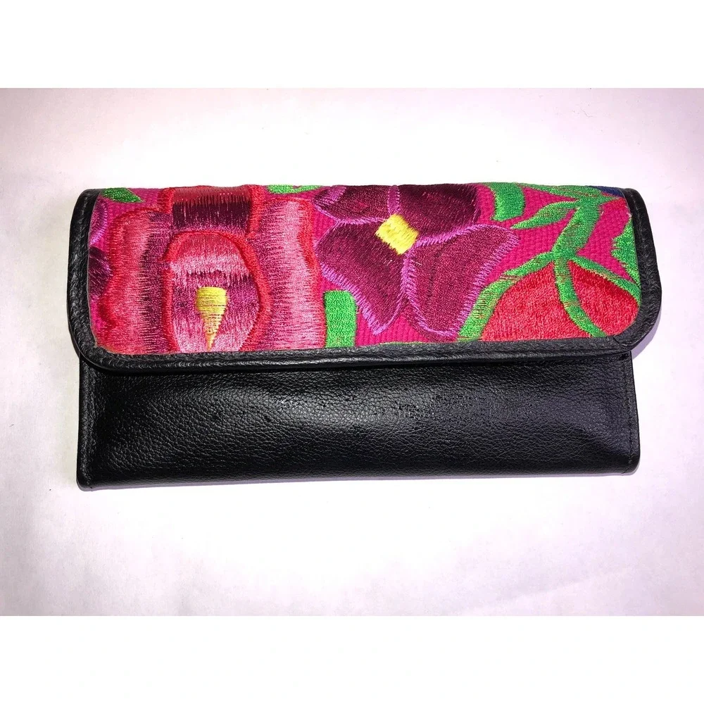 Vintage Y2K Floral Embroidered Leather Shoulder Bag & Wallet Boho Purse Set - Picture 3 of 16